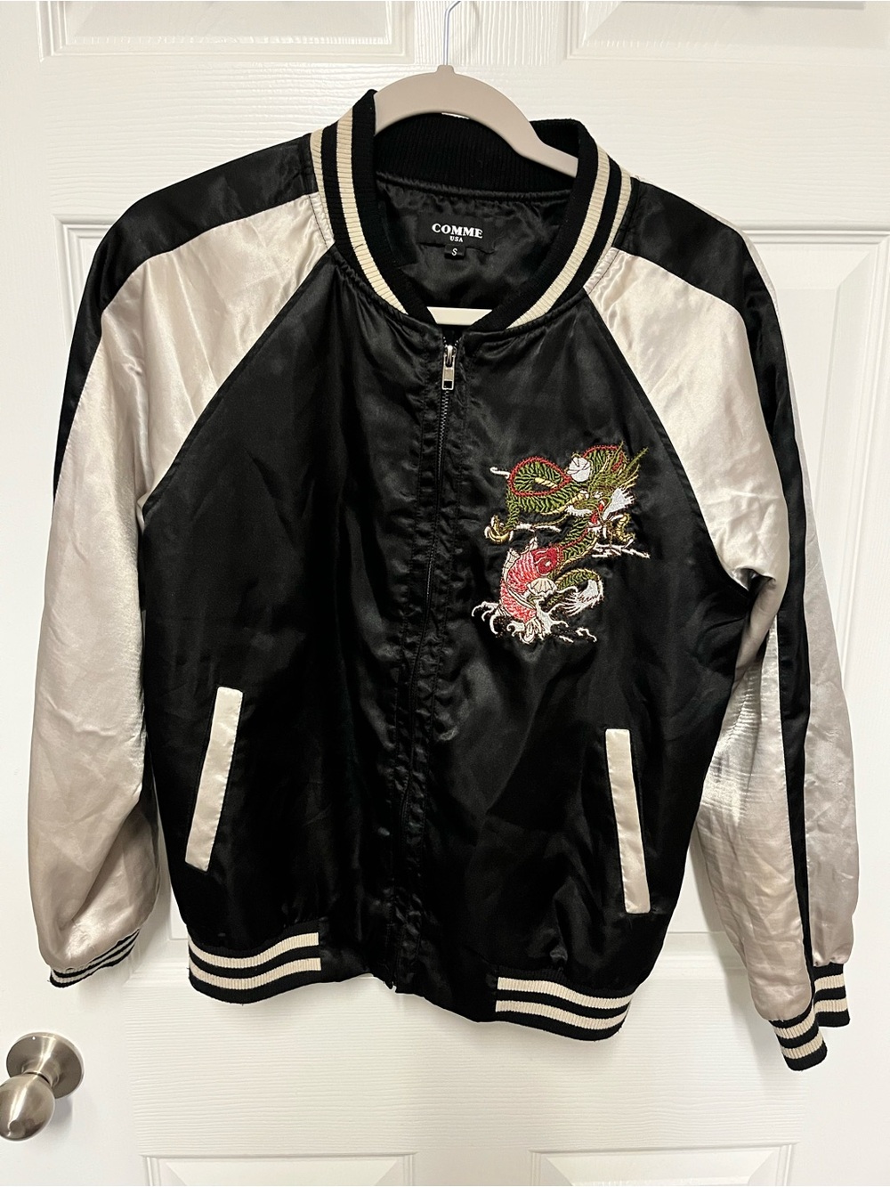 COMME Black and Cream Embroidered Dragon Bomber Jacket